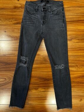 J Brand Grey/Black Cropped Skinny Mercy Jeans with Distressed Knees